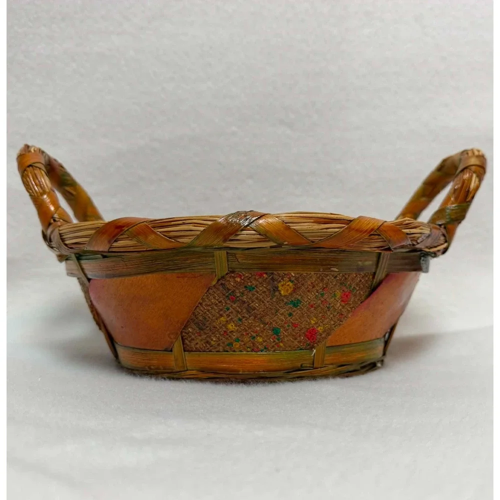 Vintage Woven Wicker Oval Basket With Handles Boho Farmhouse Country Decor